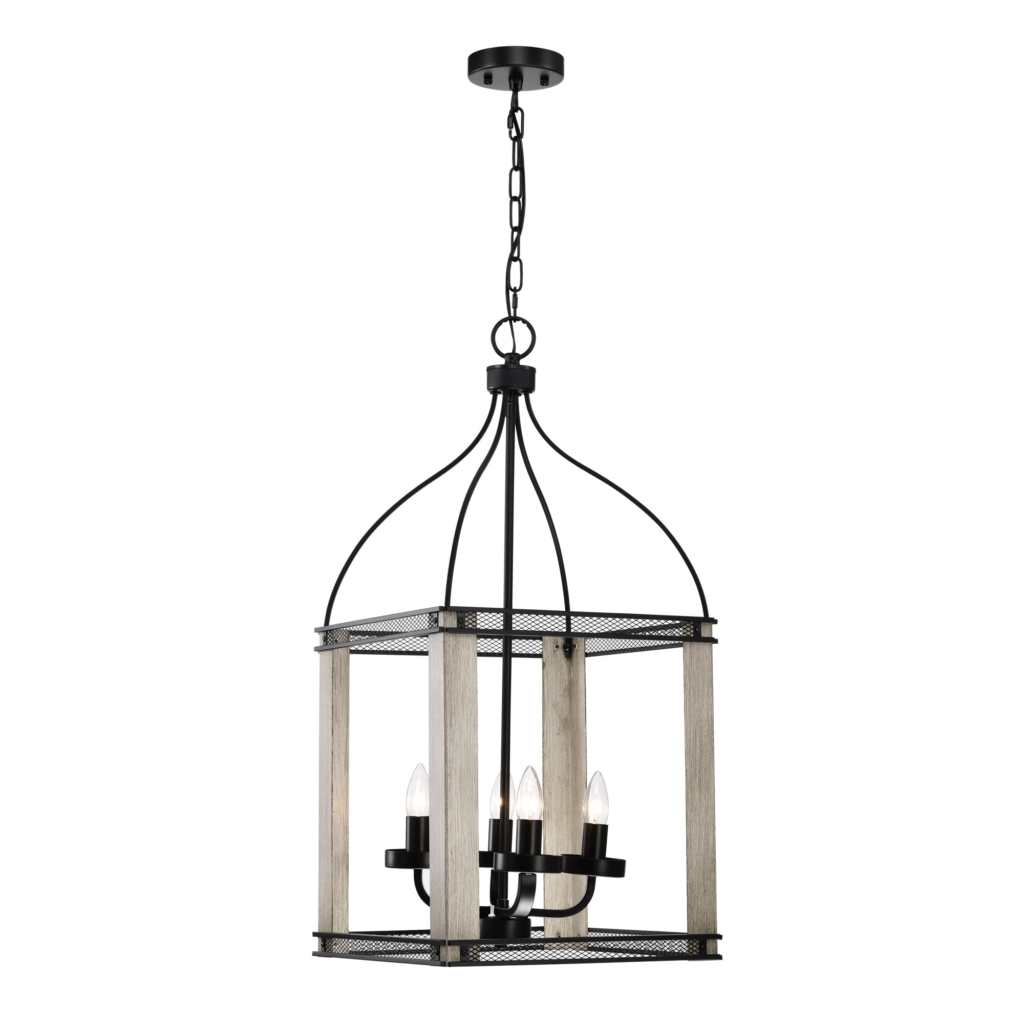 Vander 14 in. 4-Light Indoor Matte Black and Faux Wood Grain Finish Chandelier with Light Kit