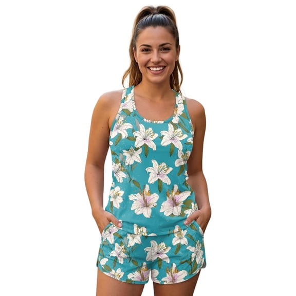 DISNIMO Lily Printed Womens Swimsuits Tankini Swimwear Tummy Control Bathing Suits Athletic Swim Tank Top with Shorts, S