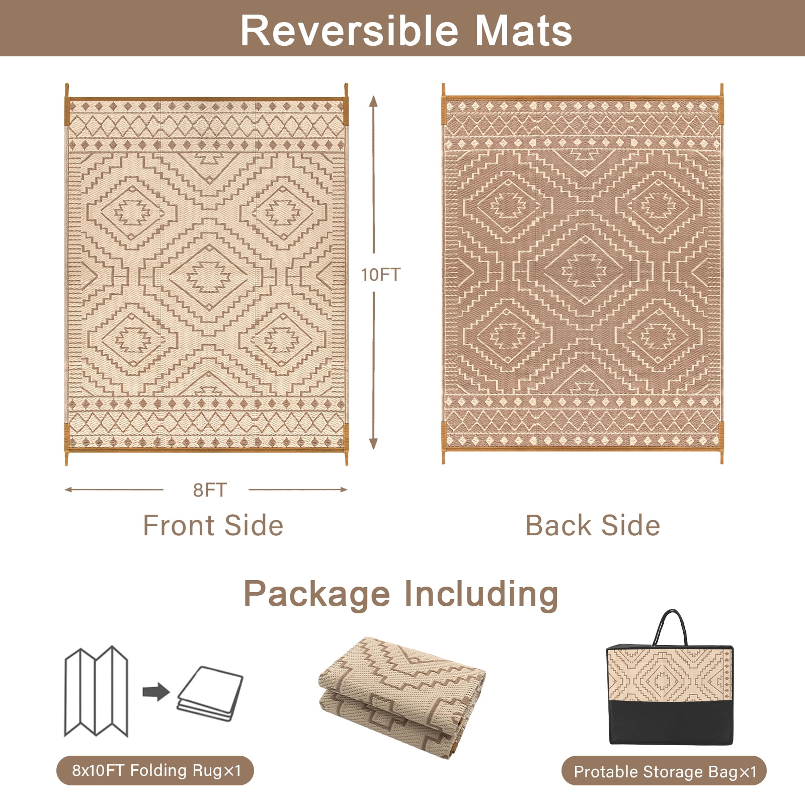 Lahome Lightweight & Waterproof Outdoor Rug 8x10 - Large Reversible Plastic Straw Mat for RV, Beach, Picnic, Camping, Backyard, Balcony, Beige & Brown