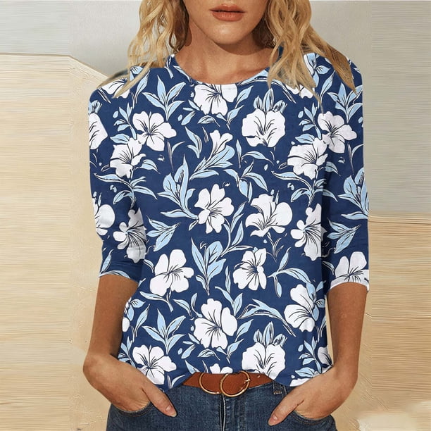 Xuyuer Women's Spring Summer Hawaiian Print Loose Casual Round Neck 3/4 Sleeve T-Shirt, Floral Pullover Top for Beach Vacations, Tropical Parties and Summer Holiday Style