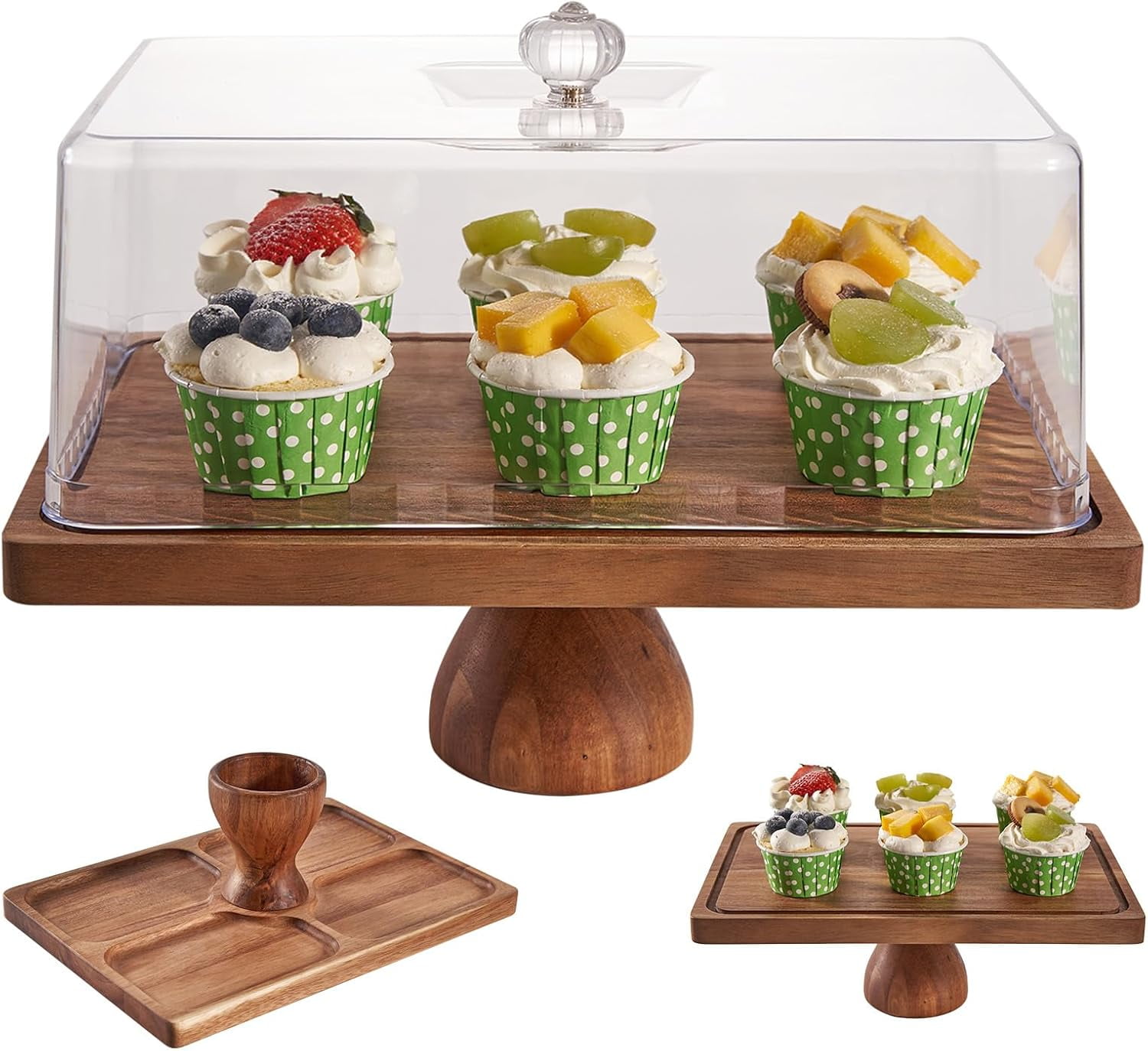 Cake Stand with Lid, 13 Rectangular Multi-Functional Cake Holder, Acacia Solid Wood 2-in-1 Dessert Table Display Set, Charcuterie Board for Cheese,Fruit Platter, Large Acrylic Cake Dome Cover