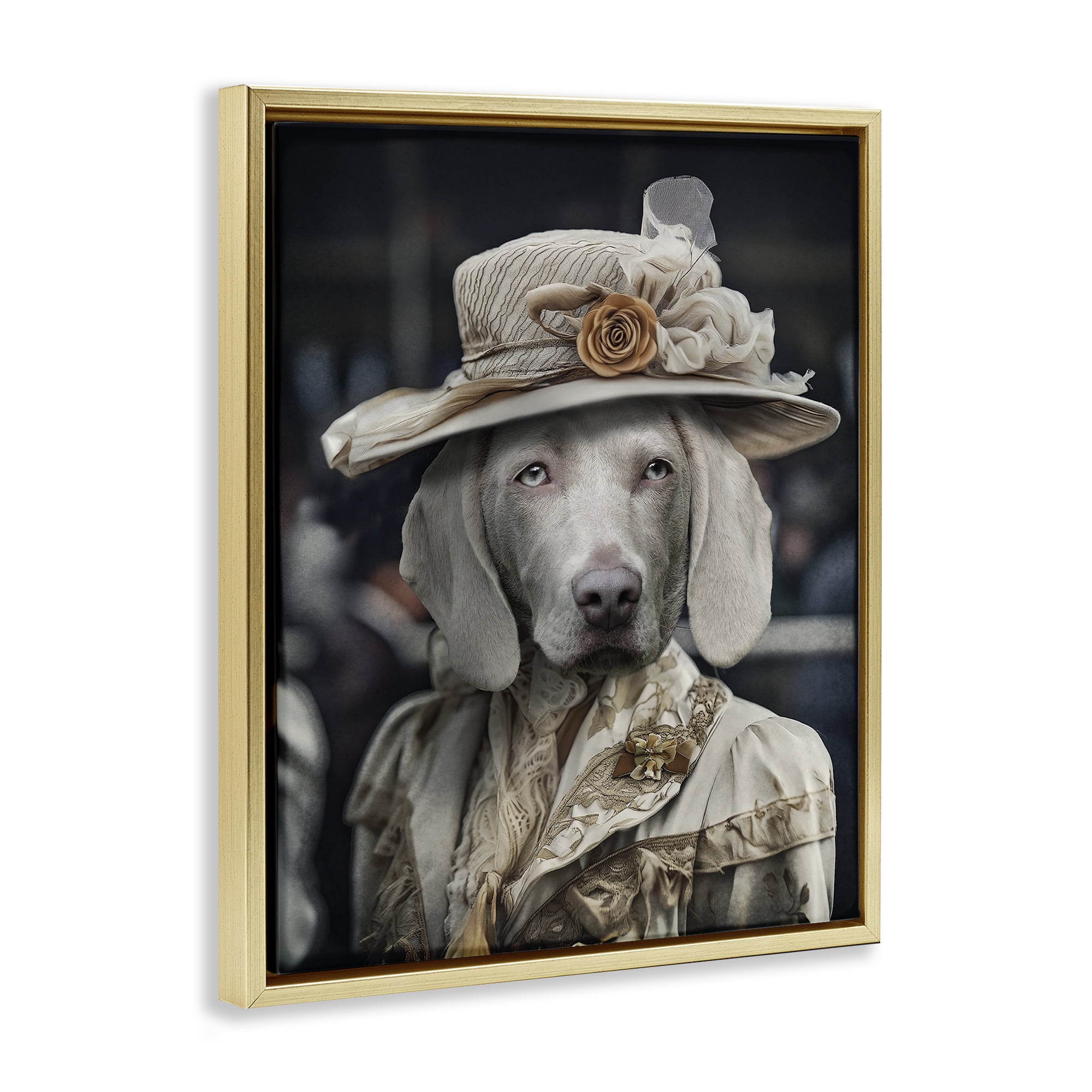 Stupell Industries Dog with Floral Hat Animals & Insects Painting Gold Floater Framed Canvas Art Print Wall Art, 25 x 31