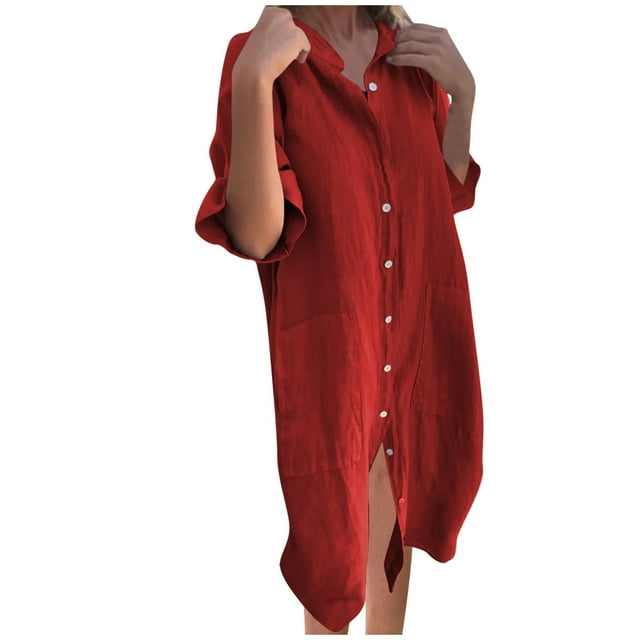 mtvxesu Robes d'Été pour Femmes, Robe Chemise Midi à Col Montant à Manches Courtes pour Femmes, Couleur Unie, Boutonnée avec Poches, Col en V, Robes Chemise