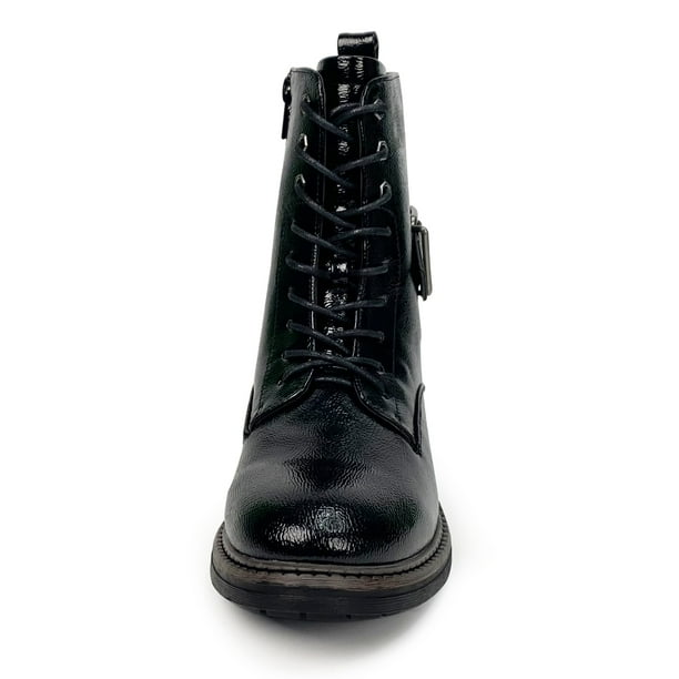 Women Black Work Boots Lace up Mid-Calf Combat Booties