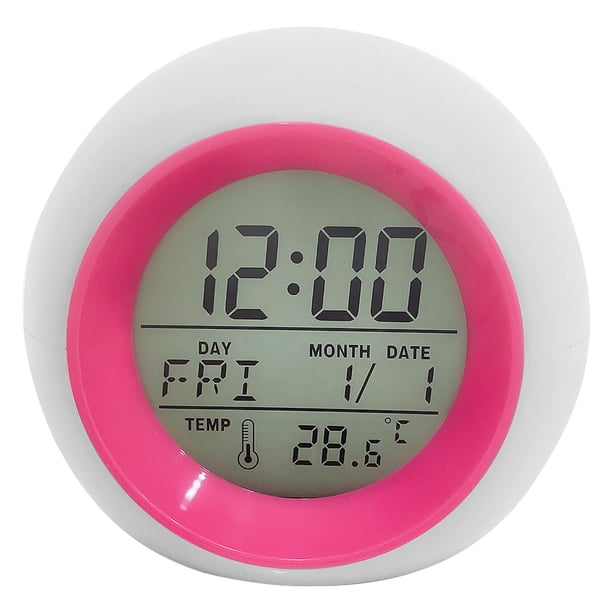 Reloj despertador para niños LED digital colorido recordatorio de tiempo de luz nocturna con visualización de temperatura de fecha, rosa rojo Inevent EL000923-03B