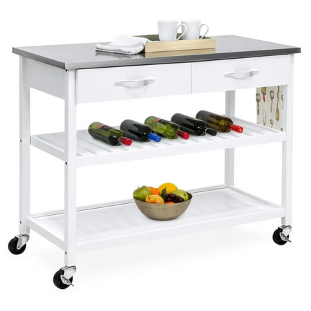 Best Choice Products Pine Wood Kitchen Island Utility Cart with Stainless Steel Countertop and Shelving, (Best Microwave Brand Reviews)