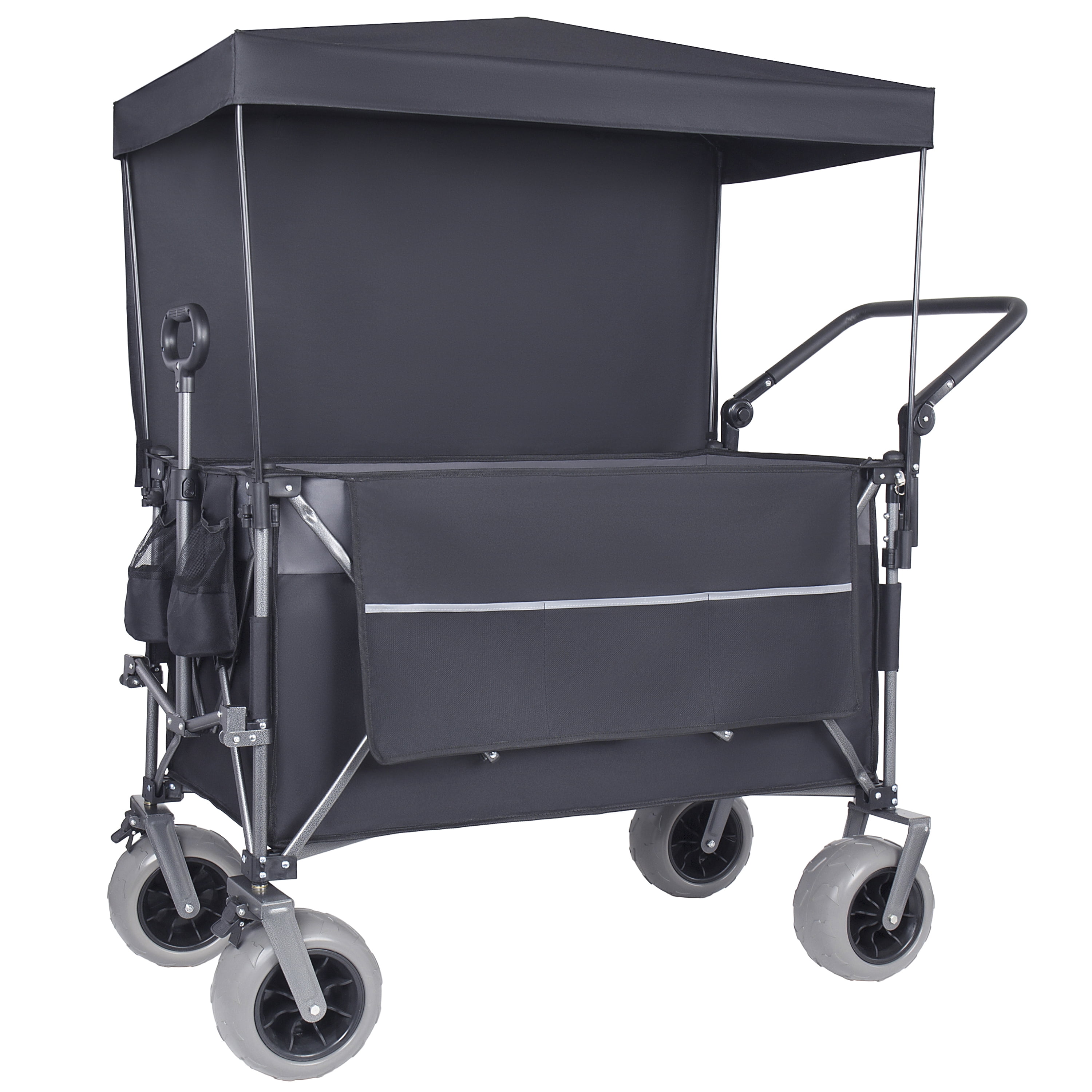 Push-Pull Folding Wagon Cart with Rotating Handle & Canopy, 9"x4" Beach Tires for Camping & Beach, Load Capacity 480lbs, 300L Large Capacity for Transport, Groceries, Outdoor Use