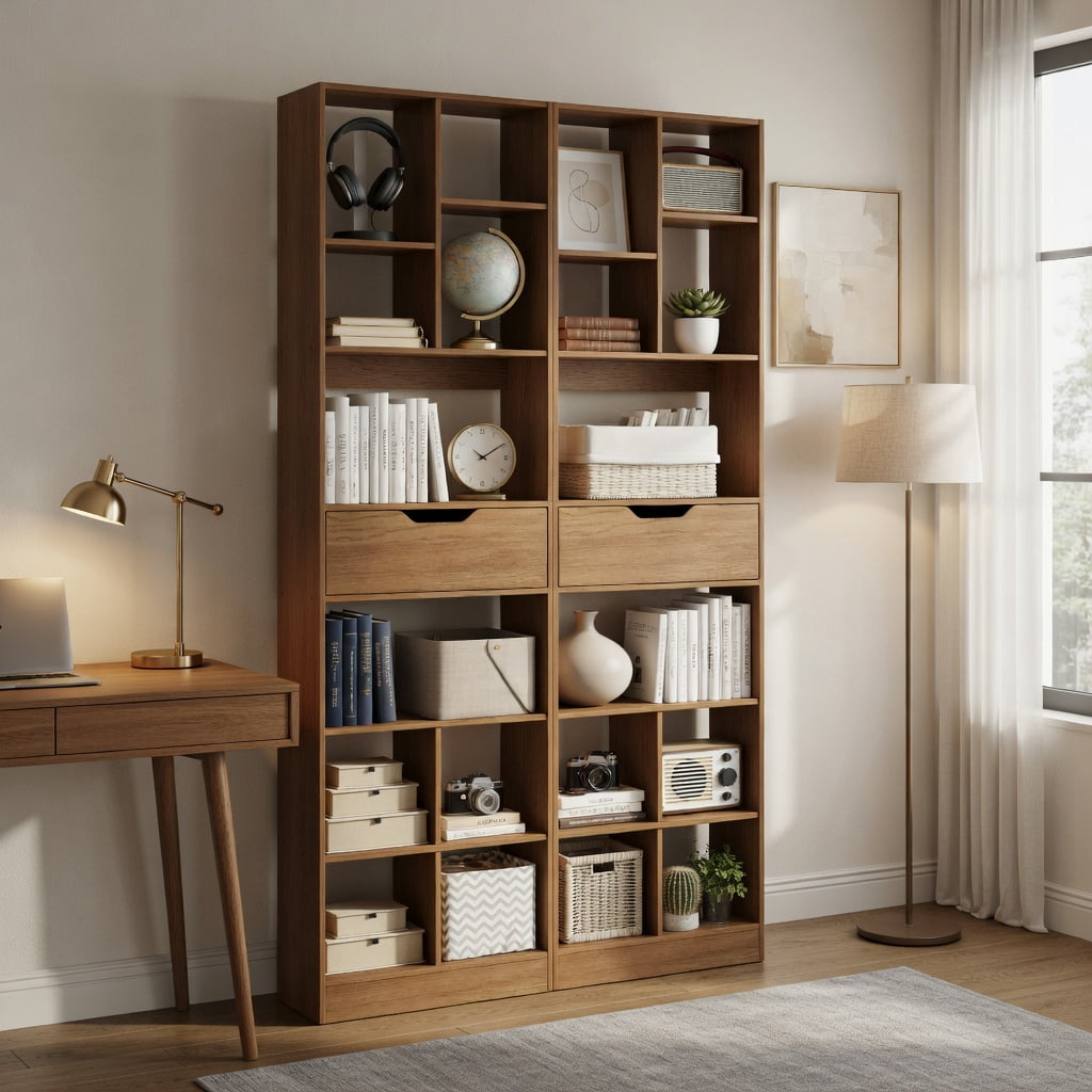 GVN 71inch Tall Freestanding Bookcase 10-Cube Storage Organizer with Drawer Multi-Use Open Shelves for Home Office Study Living Room Books Decor Display, Natural