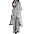 thumbnail image 3 of Stichou Women's 2 Piece Linen Set Solid Color Long Sleeve Irregular Hem Top and Wide Leg Swing Pants Trousers Suits Light Gray S, 3 of 6