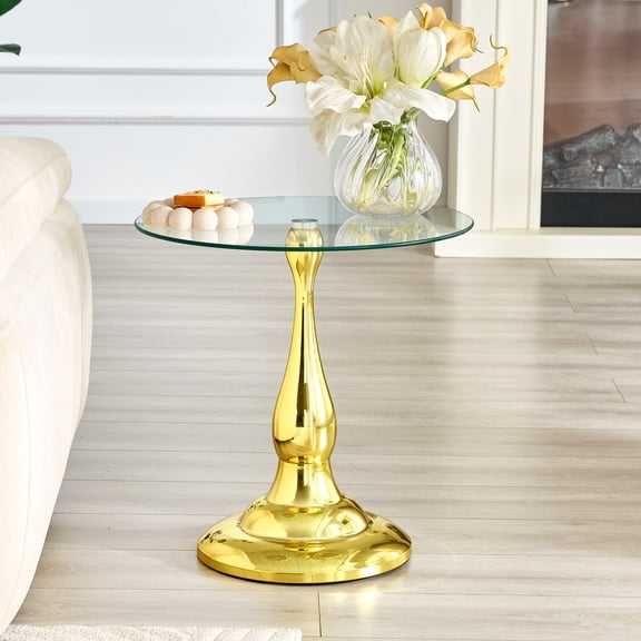 19" Round Side Table, Tempered Glass End Table with Gold Metal Base, for Living Room, Bedroom