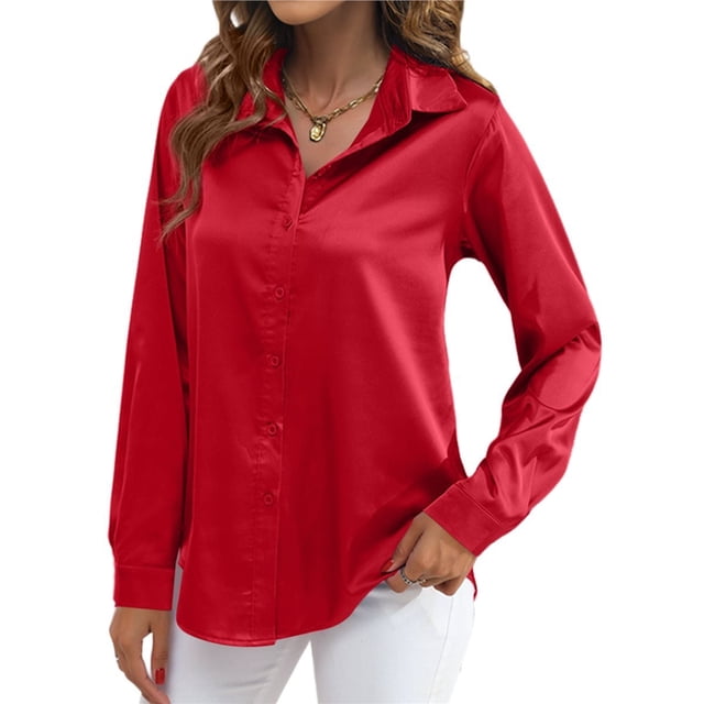 Blusas de Satén para Mujer, Camisas de Seda con Botones, Blusas Informales de Larga para Negocios Rojo XL