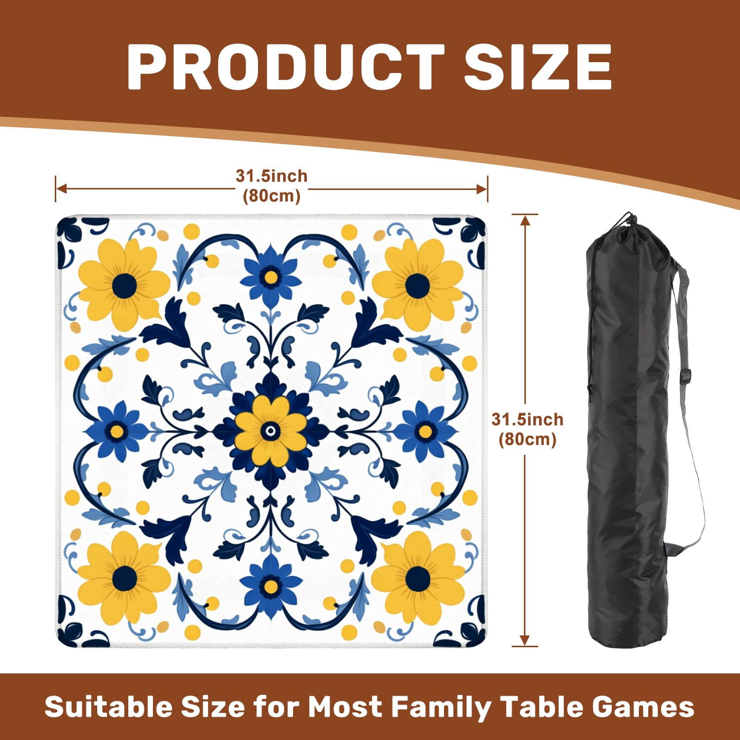 Mahjong Mat 31.5" x 31.5" Floral Symmetrical Yellow Blue Flowers White Non-Slip Noise Reduction American Mahjong Tiles Table Cover for Dominoes Poker Card Board Games Gift