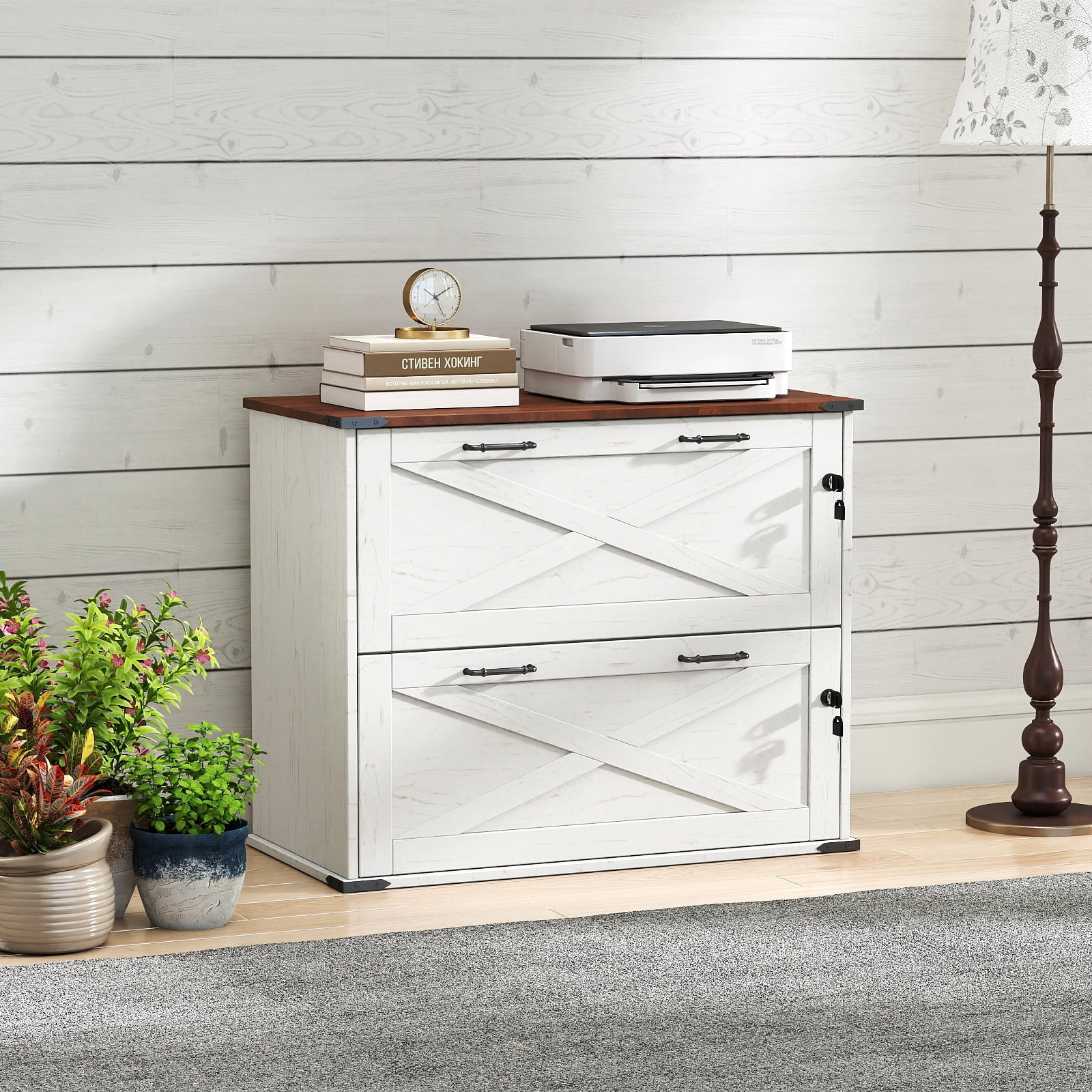 UBesGoo Farmhouse File Cabinet with 2-Drawer Wood Vertical File Storage Cabinet with Individual Lock and Rustic Metal Handles, White