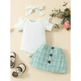 thumbnail image 2 of Infant Baby Girls 3 Piece Outfit Ruffles Short Sleeve Rompers and Plaid Print Button Skirt Headband Set, 2 of 8