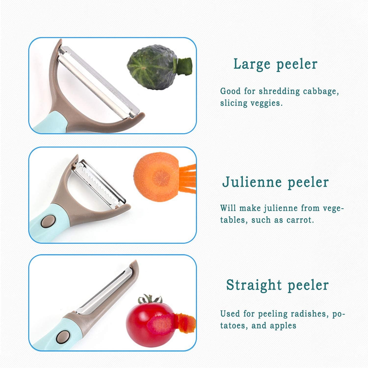 Trio Peeler Set – Blue Julienne Vegetable Peeler – Stainless Steel Cabbage  Carrot & Potato Peelers – Multifunctional Veggie and Fruit Peeler Set of 3