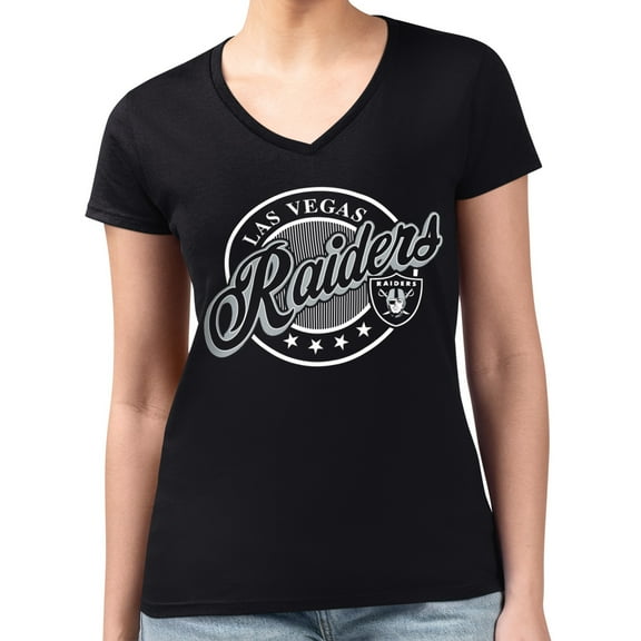 Women's G-III 4Her by Carl Banks Black Las Vegas Raiders Super-Slim Fit Lightweight Pinstripe Circle V-Neck T-Shirt
