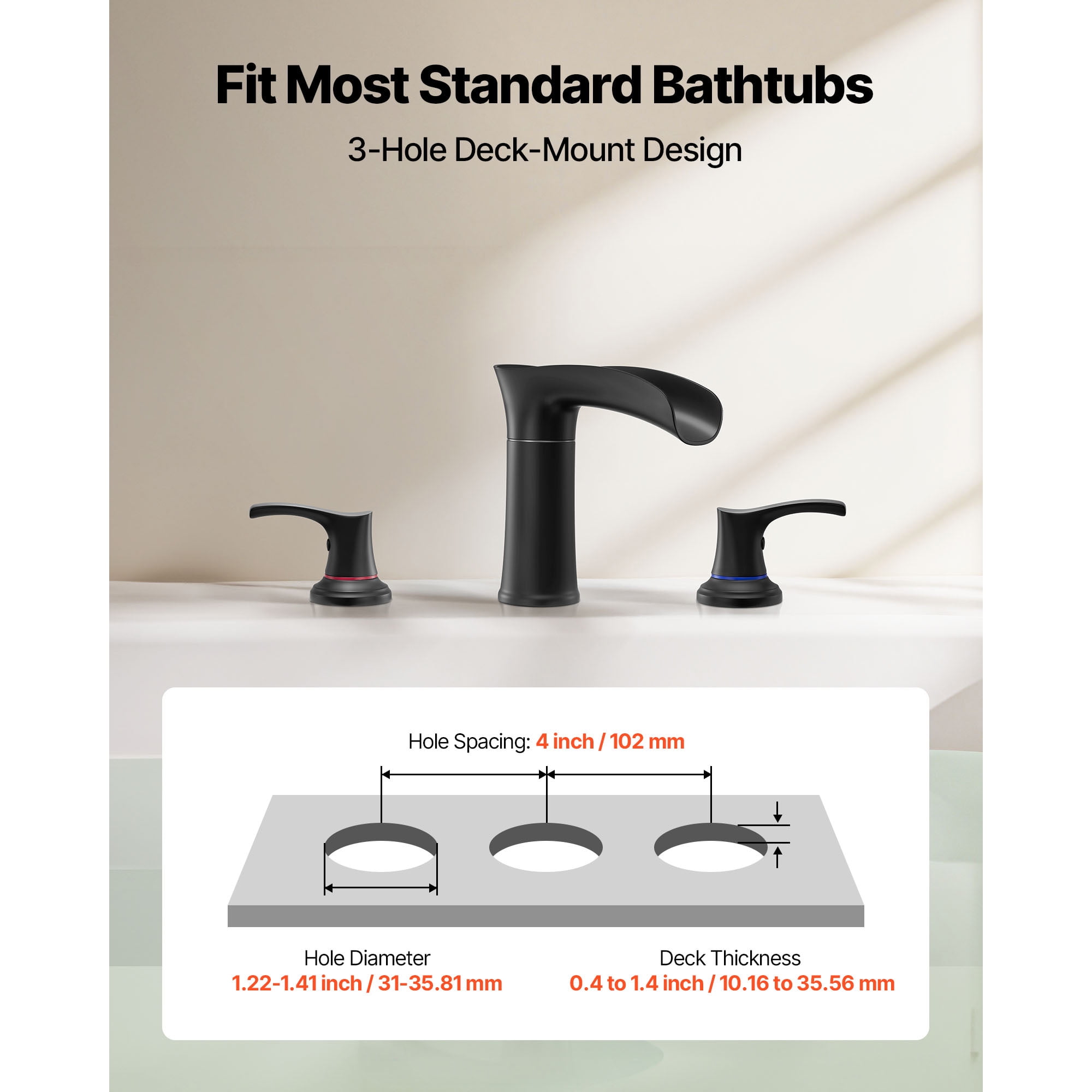 KFFKFF Roman Tub Faucet, 3-Hole Waterfall Bathtub Fixture, Zinc Alloy Bath Faucet Set with Dual Handles, Deck-Mounted Tub Faucet for Washing Pets, Baby Care, and Adult Bathing, Matte Black