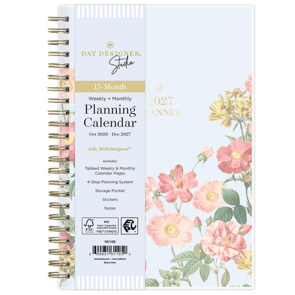 Day Designer Studio for Blue Sky Monthly Weekly Planner, 5" x 8", Picturesque Light Bue 15-Month (October 2026 - December 2027)