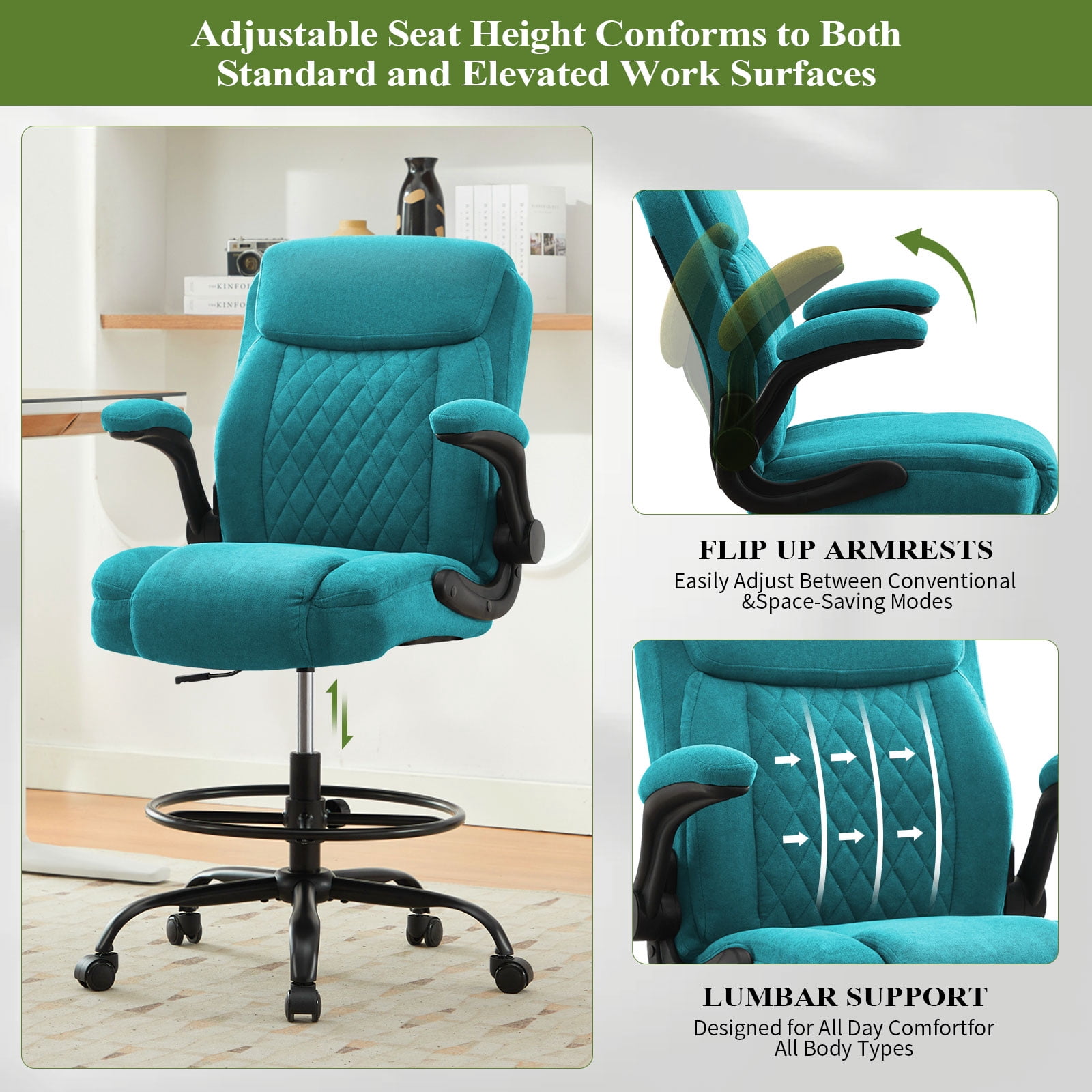JONPONY Tall Office Chair for Standing Desk, Ergonomic High Office Chair with Adjustable Foot Ring, Flip-Up Armrests, Lumbar Support for Home office ,Blue