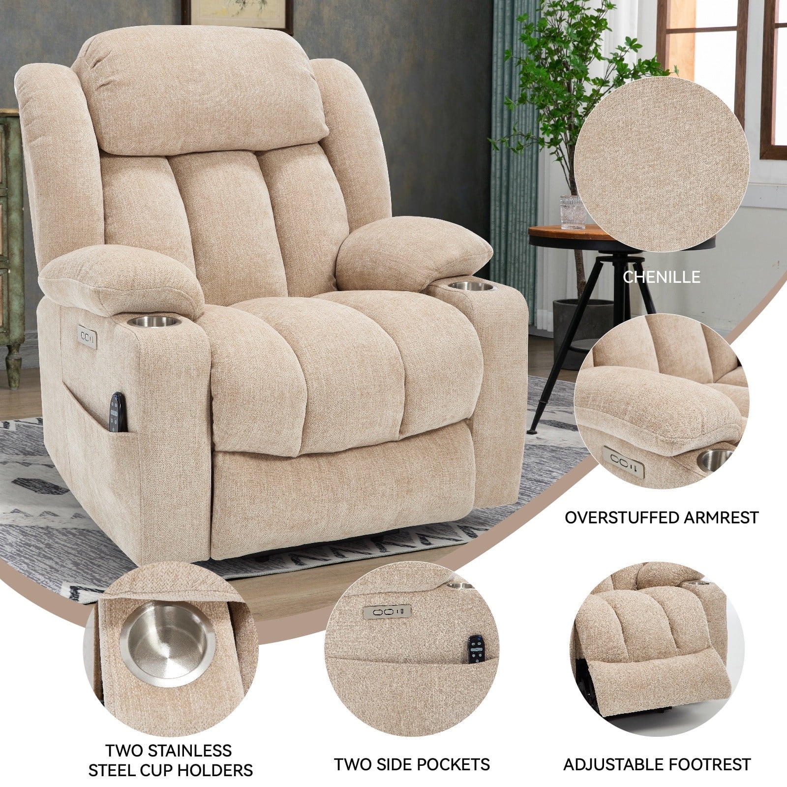 Power Lift Recliner Chair for Elderly with Massage & Heat, Heavy Duty 350 lbs Capacity,Electric Reclining Chair with USB Ports, Cup Holders, Pillow Top Arms, Medium-Firm Beige Chenille
