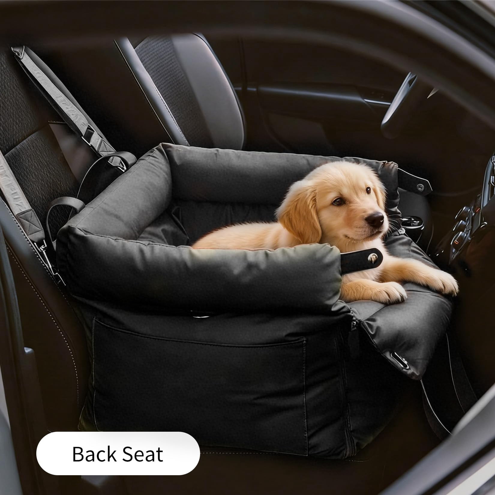 Dog Booster Car Seat, Waterproof PU Leather Upholstered Cat Bed for Car with Storage Pockets, Portable Pet Seat, Bite-Resistant, Perfect for Travel and Home