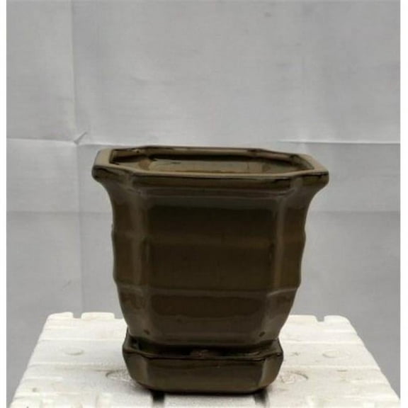 5.5 x 5.5 x 5.5 in. Olive Green Ceramic Bonsai Pot with Humidity & Drip Tray, Square
