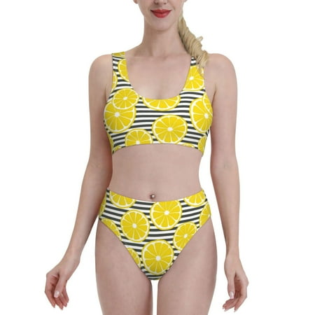 High Waisted Bikini Sets For Women  Yellow Lemon Print Two Piece Swimsuit Sporty Scoop Neck Bathing Suit