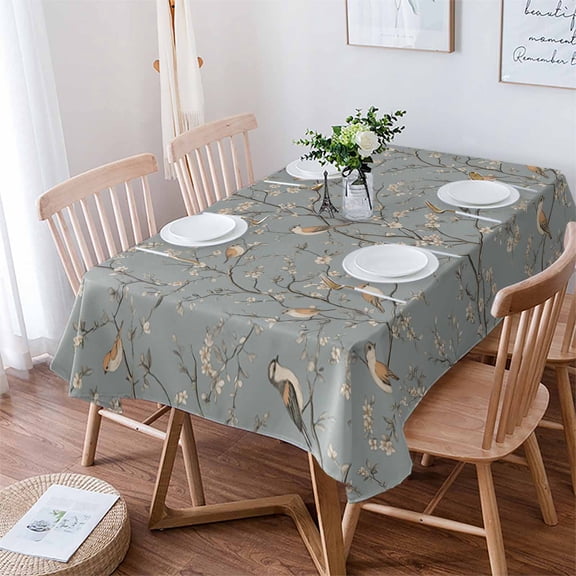 Tree Birds Tablecloth Rectangle Table Cloth 52x70 , Waterproof Tablecloth Outdoor Table Cloth, Vintage Grey Flower Floral Branch Spring Washable Table Cover for Kitchen Dining Party