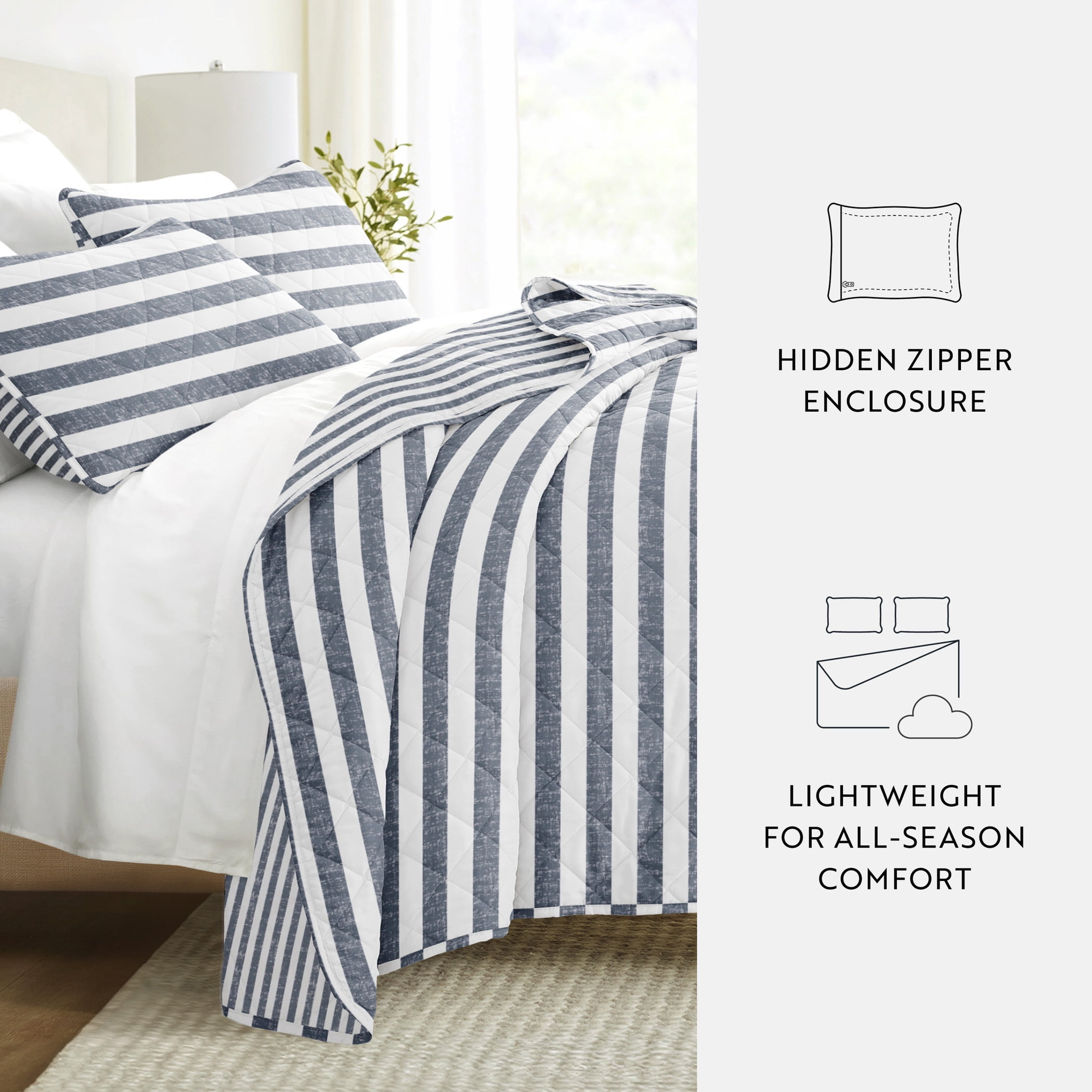 Noble Linens 3-Piece Dusk Blue Classic Stripe Reversible Quilt Set, King