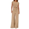 thumbnail image 3 of Women's 2 Piece Summer Outfit Cap Sleeve V Neck Belted Crop Top Wide Leg Pants, 3 of 6