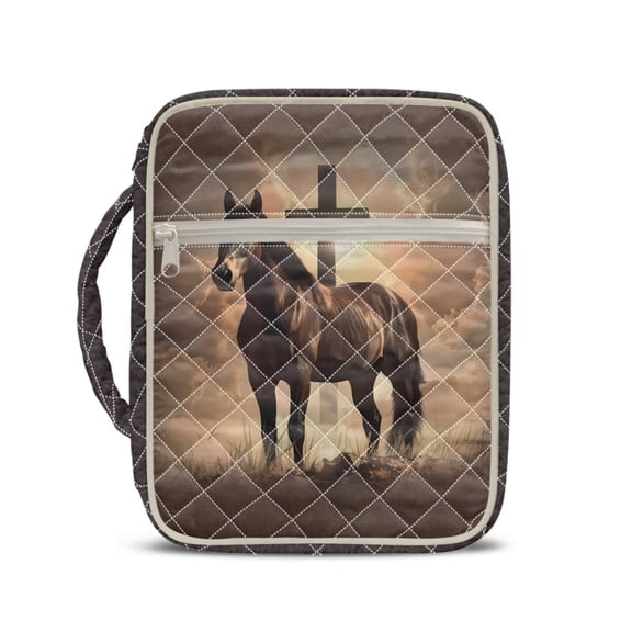Xixirimido Bible Cover Case for Women Men, Quilted Large Bible Carrying Cases with Durable Handle, Biblical Study Accessories Christian Gifts, Horse & Cross Brown
