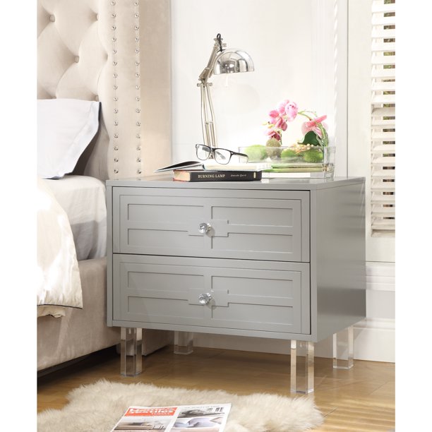 Inspired Home Anita Glossy 2 Drawer Nightstand Lacquer Finish Lucite Acrylic Legs Light Grey Walmart Com Walmart Com