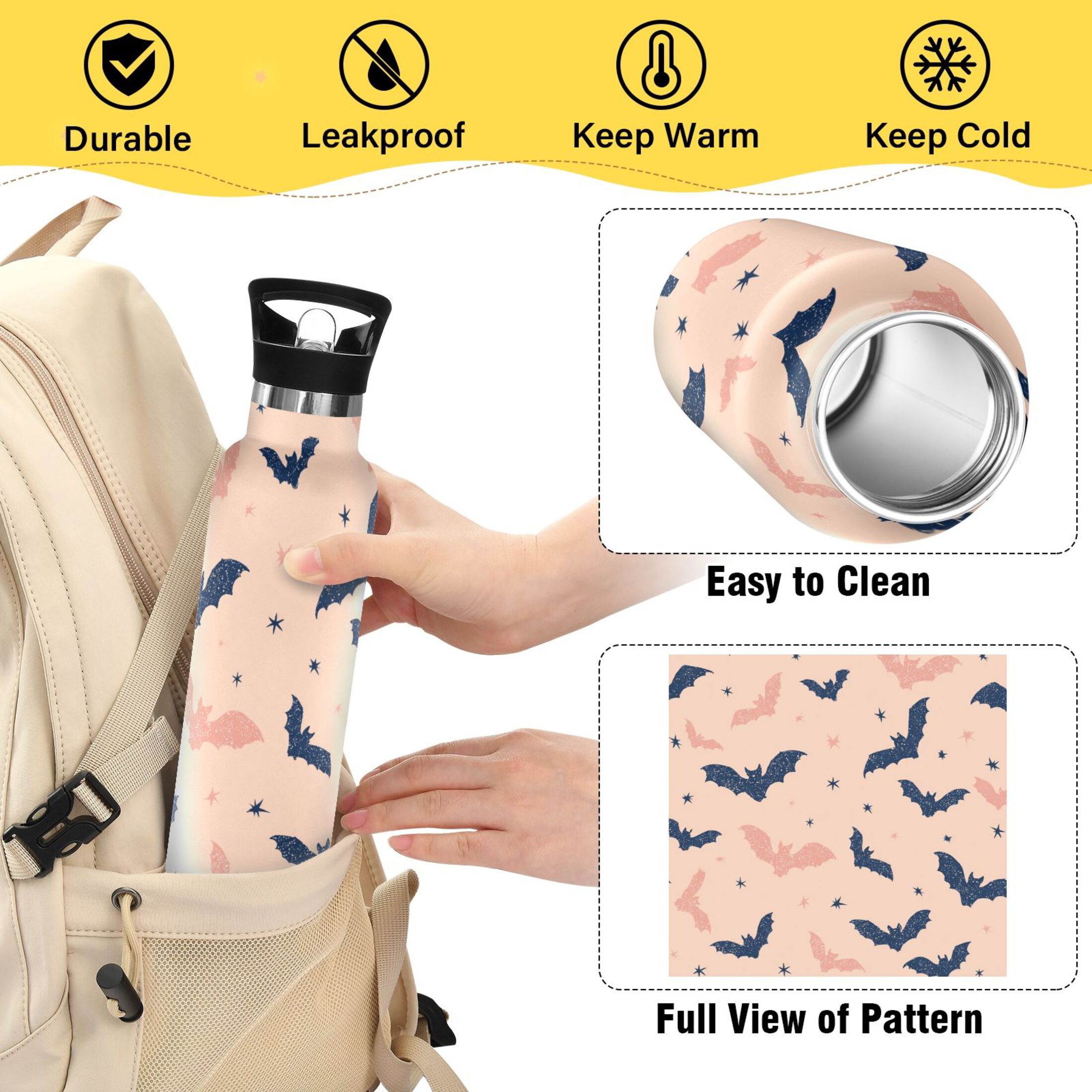 600ML Stainless Steel Insulated Cup Sports Water Bottle Portable Thermos Cup Water Glasses Insulated Tumblers Convenient and Durable Cartoon Black Bats