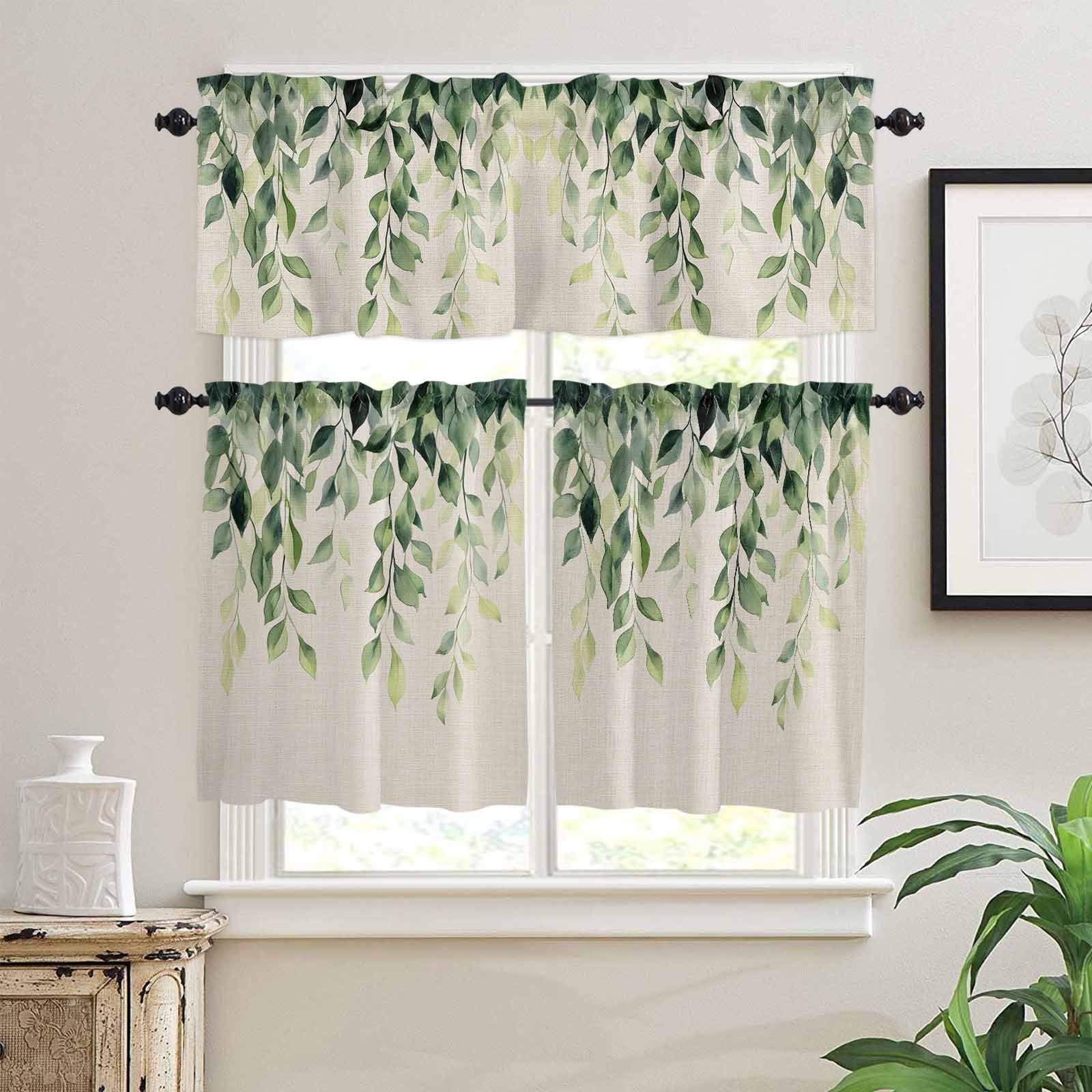 Rustic Leaf Kitchen Curtains Valances and Tiers Set of 3 Watercolor Sage Green Eucalyptus Leaves Linen Texture Tier Curtains and Valance for Kitchen Bathroom Small Windows 27.5"W x 36"L (Pack of 3)