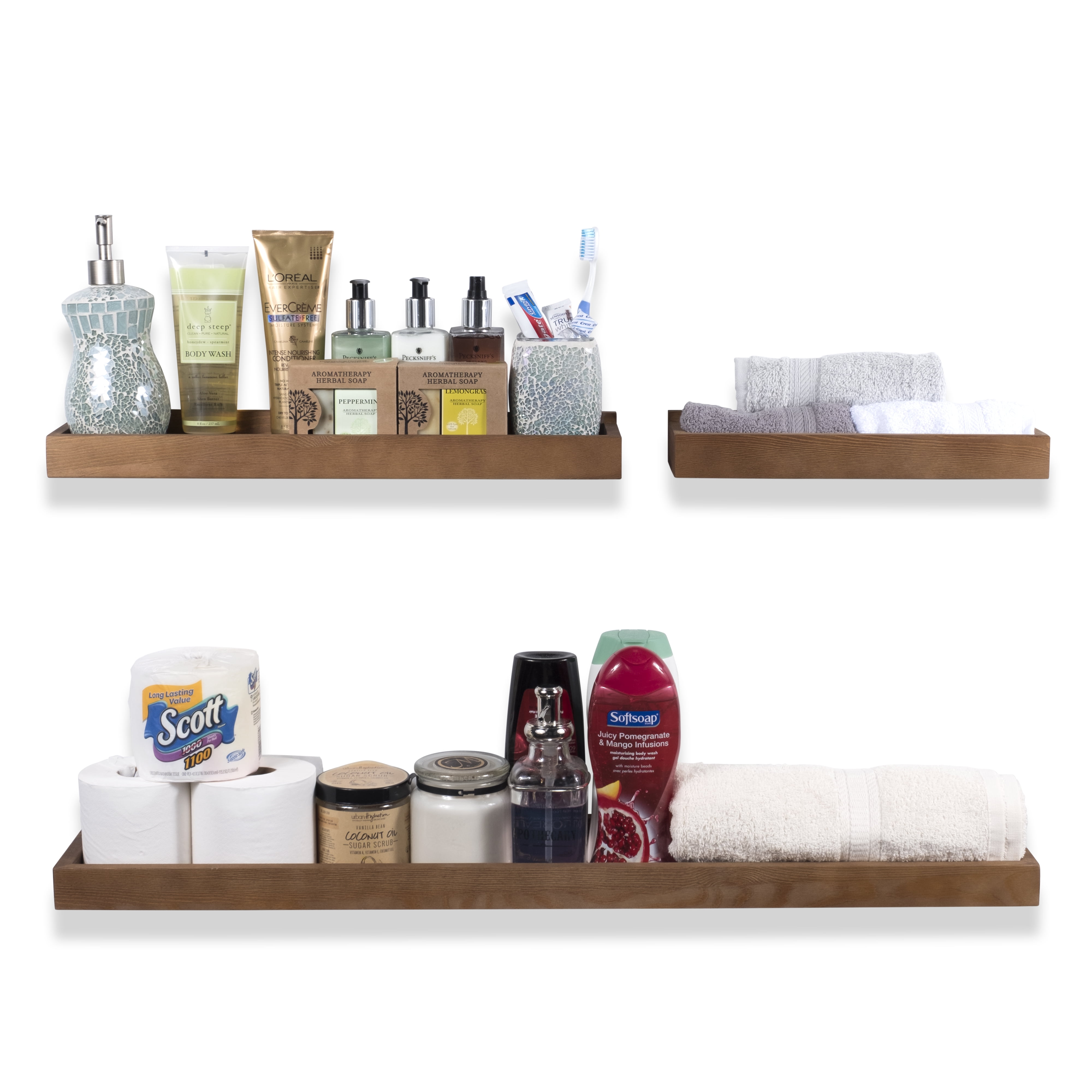 WALLNITURE Sturdy Construction Wooden Bathroom Tray Shelves in Varying