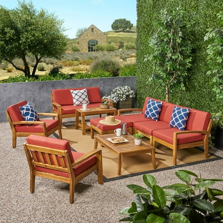 Wilcox Outdoor 9 Piece Acacia Wood Sectional Sofa Set with Cushions, Teak, Red