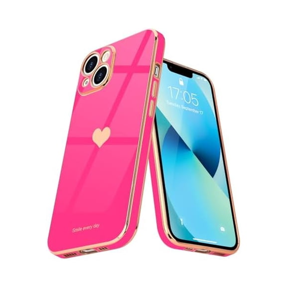 Compatible with iPhone 13 Case for Women Girl Cute Love-Heart Luxury Bling Plating Soft Back Cover Raised Full Camera Protection Bumper Silicone Shockproof Phone Case for iPhone 13, Hot Pink