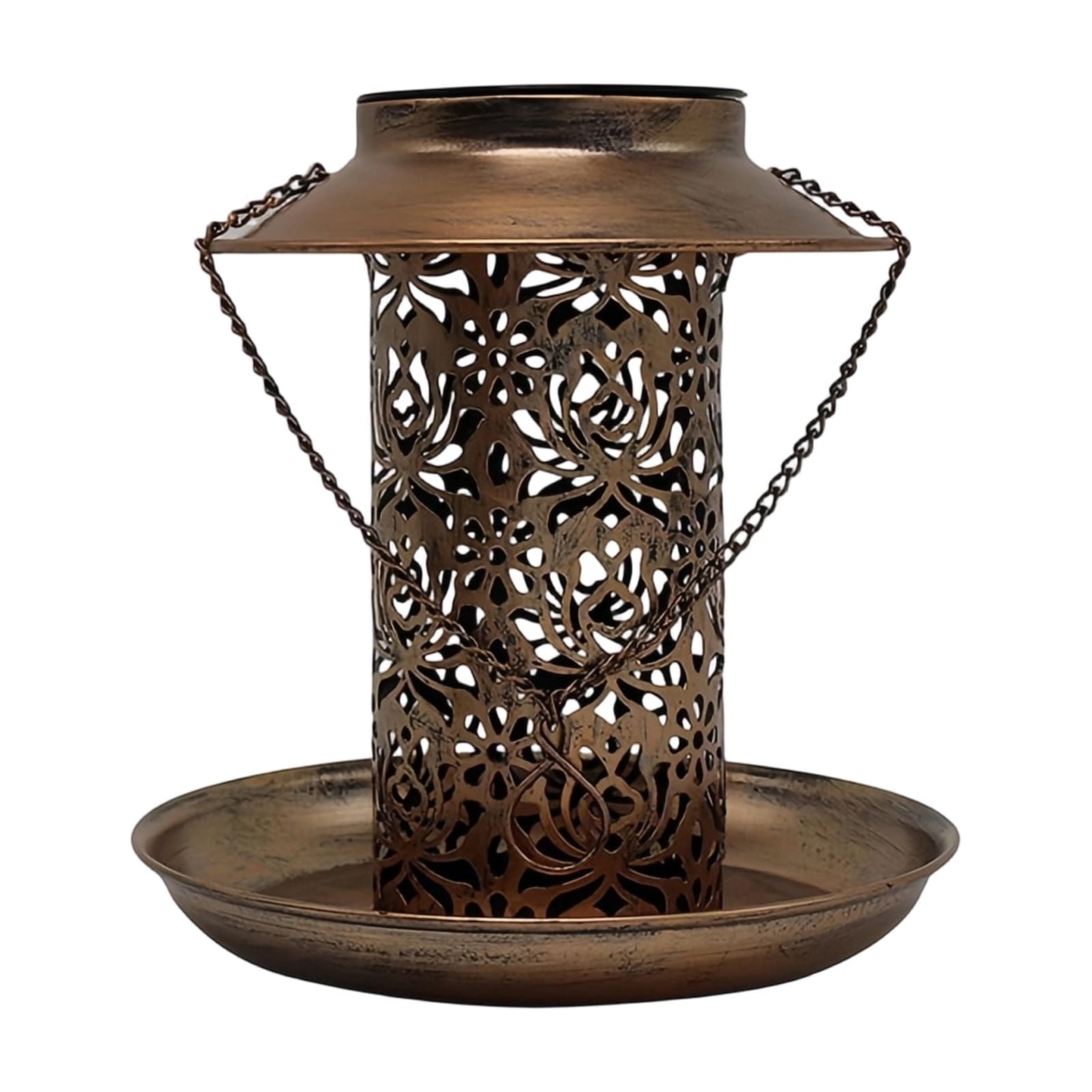Solar Powered Hanging Bird Feeder With Light, Copper Hollow Decoration Outdoor Garden Yard Bird Feeding Station For Wild Birds Attracting