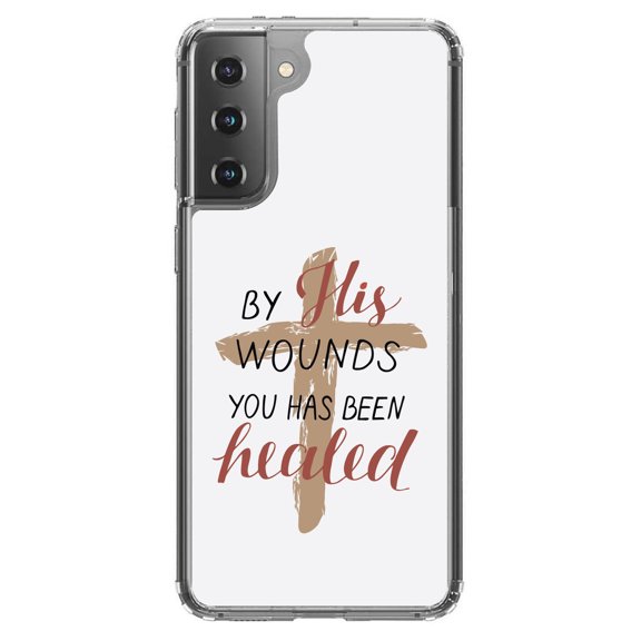 DistinctInk Clear Shockproof Hybrid Case for Galaxy S21 5G (6.2" Screen) - TPU Bumper, Acrylic Back, Tempered Glass Screen Protector - By His Wounds You Has Been Healed - Cross