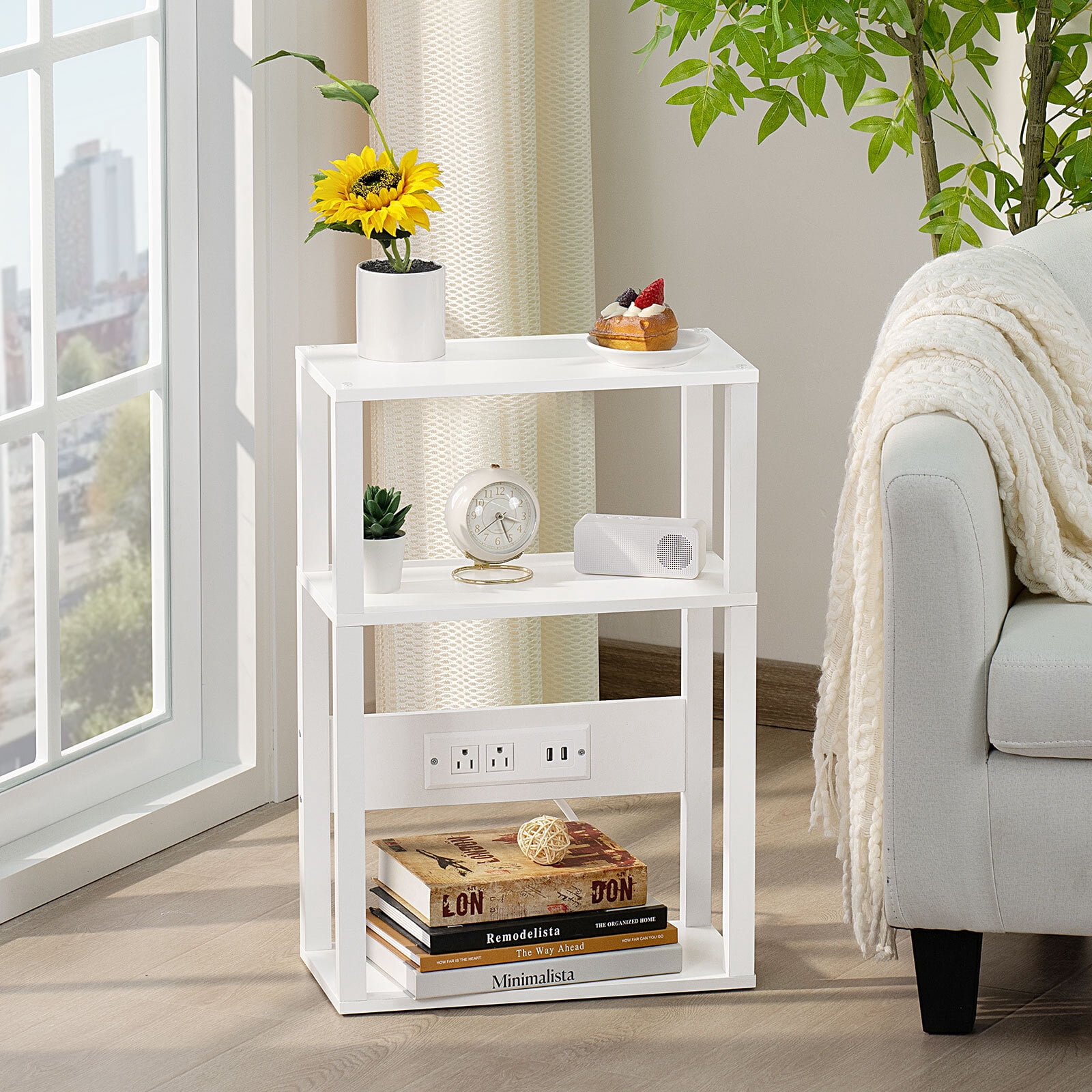 Joaxswe 2 Pack End Tables for Living Room with Charging Station, Narrow Side Tables Accent Tables for Bedroom, White
