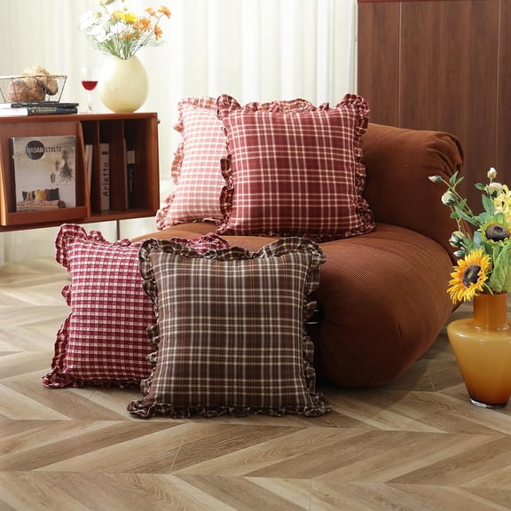 Anvora Red Gingham Pillow Cover, Ruffled Edge Plaid Throw Pillow Case, Soft Cotton Cushion Cover for Farmhouse, Bedroom, Living Room and Sofa Pillowcase Decoration(18x18 Inch )