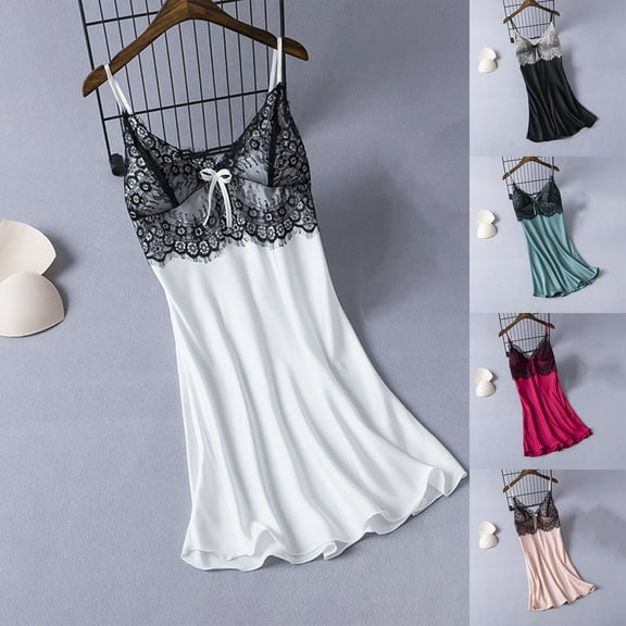 Feancey Lingerie Nightgowns for Women Lace Cami Pajama Dress Soft Silk Spaghetti Strap Sleepwear Cozy Casual Nightdress Black M