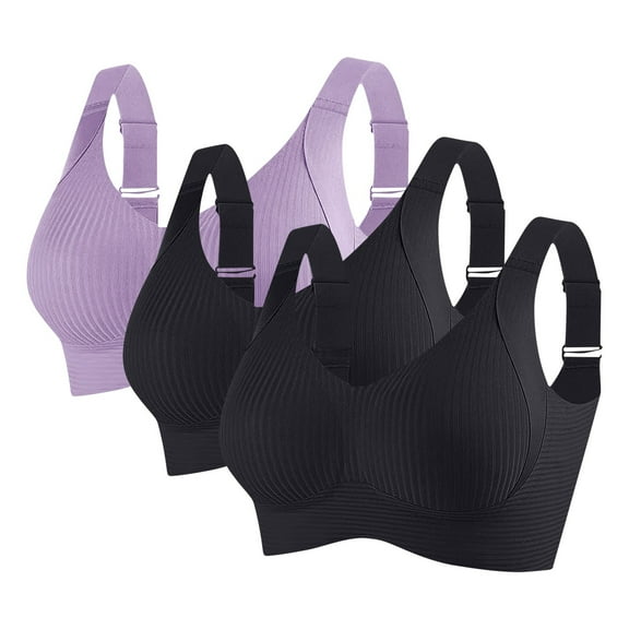 3 Pack Sport Bras for Women Plus Size No Underwire Push up Underwear Solid Color Comfortable Breathable Everyday Bras (XL, 3*Black)
