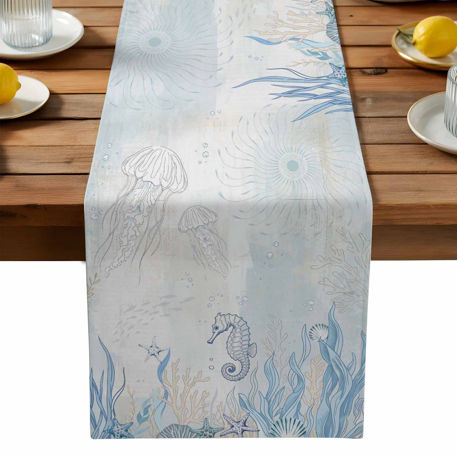 Burlap Table Runner 70 Inches Long, Sea Stars Jellyfish Non-Slip Kitchen Table Runners for Dining Room Everyday Use Party Table Decorations Marine Life on Retro Paper