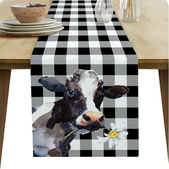 Table Runner Dresser Scarves 90 Inch Long, Farmhouse Cow Daisy Flower Watercolor Linen Dining Table Runners Classic Buffalo Plaid Tabletop Scarf for Wedding Holiday Party Kitchen