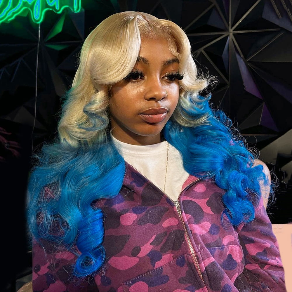 Mscathy Ombre Honey Blonde Blue Colored Brazilian Human Hair Lace Front Wig Bleached Knots Body Wave Remy Hair 180% Density 13x4 Lace Frontal Wigs For Women Party Vacation