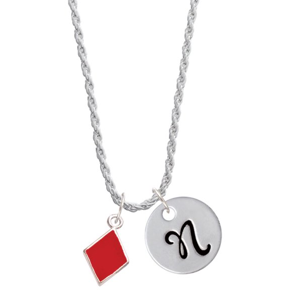 Delight Jewelry Silvertone Card Suit - Red Diamond Silvertone Script Initial Disc - N - Charm Necklace, 20"+3"