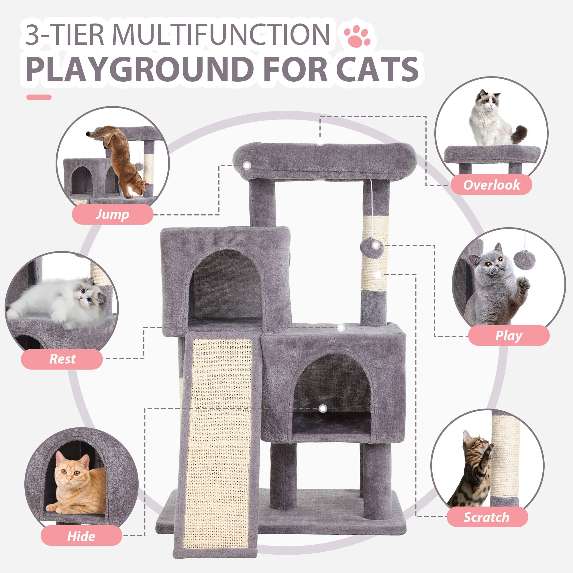 CL.HPAHKL Modern Small Cat Tree Tower with Dual Condos, 36 Inches Cat Tower with Scratching Post Multi-Level Cat Furniture Condo with Ramp for Indoor Cats Cat Cave Beds for Kittens, Ashy
