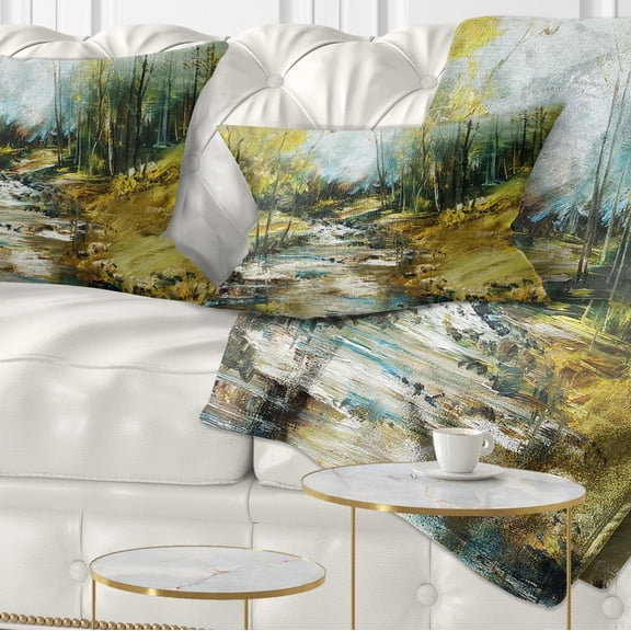 Designart Creek in the Forest Oil Painting - Landscape Painting Throw Pillow - 12x20