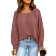 thumbnail image 2 of Blusa de manga larga con cuello cuadrado para mujer, suéter informal holgado a la moda con hombros caídos de Color puro, 2 of 6
